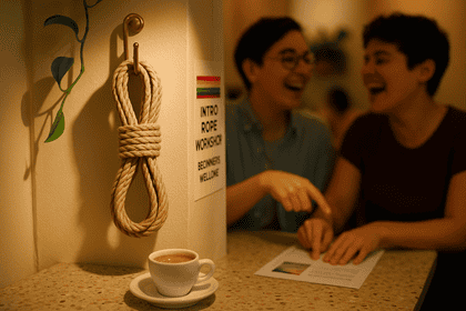 Warm, intimate café corner with coiled natural rope on a brass hook, espresso on terrazzo table, and two people laughing in background near a “Rope Workshop” flyer.