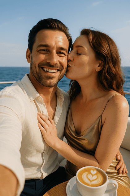Luxury travel selfie of a smiling couple aboard a yacht, the man wearing a linen shirt and watch, and the woman in a gold dress leaning in affectionately. Warm sunlight, blue sea, and editorial elegance.