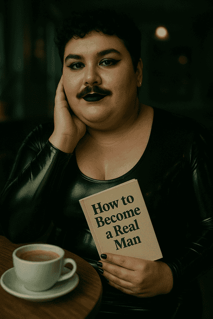 Intimate portrait of a nonbinary person in a cozy café, reading a zine titled “Consent Culture” with a latte in the foreground. Confident expression, soft light, and Pride hues in the blurred background.